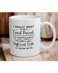 White ceramic mug with funny parenting quote on wooden background