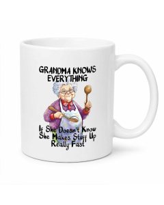 Funny grandma mug with Grandma Knows Everything quote on a white ceramic coffee mug