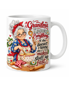 Funny grandma mug with Grandma Knows Everything quote on a white ceramic coffee mug