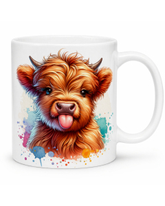 Funny highland cow mug with colourful watercolour cow artwork on a clean white background.