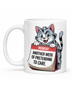 Funny Monday cat mug with “Another Week of Pretending to Care” design on a clean white background.