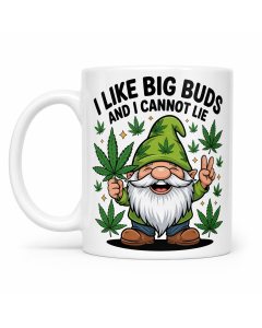 Funny 11oz white mug with I Like Big Buds cannabis gnome design on a clean white background