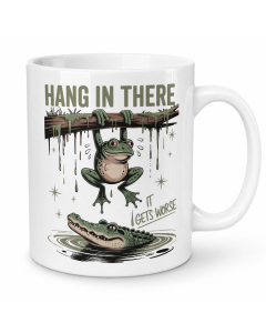Funny sarcastic white ceramic mug with Hang in there it gets worse frog and crocodile design
