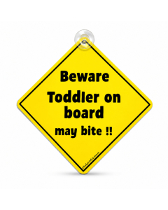 Funny toddler on board hanging car sign with yellow warning design and suction cup