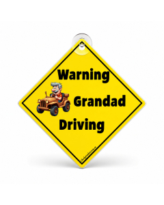 Funny Warning Grandad Driving yellow hanging car sign with cartoon Grandad and suction cup