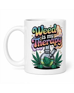 Funny Weed Is My Therapy 420 coffee mug shown on a clean white background.