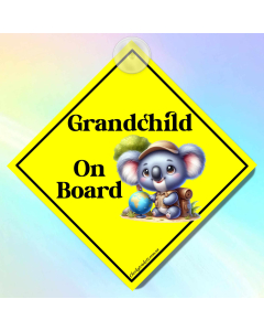 grandchild on board car window sign with cute koala illustration