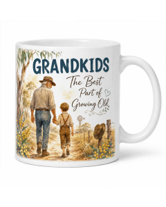Grandkids mug gift for Grandad or Pop with country-style walking artwork on a white ceramic mug