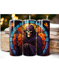 Grim Reaper Stained Glass 20oz Skinny Tumbler – Gothic Skull Design