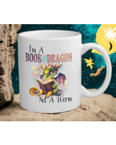 Book dragon white ceramic mug product image with fantasy reading dragon artwork
