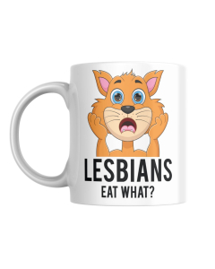 Front view of Lesbians Eat What white ceramic mug