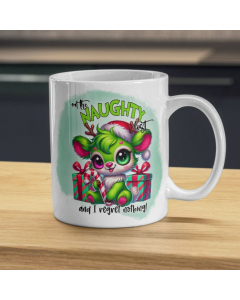 Naughty List Christmas mug with cute festive character and regret nothing quote on wooden bench