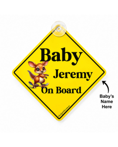 Personalised baby on board car sign with Jeremy name and cute kangaroo artwork on white background