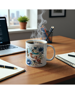 Personalised blue floral photo mug with family picture on office desk