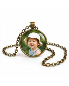 Personalised bronze-tone photo pendant with child photo and matching chain
