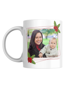 Personalised Christmas photo mug with holly frame on white background
