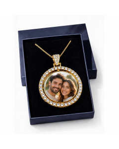 Gold-toned personalised couple photo pendant with rhinestone frame displayed in a black gift box