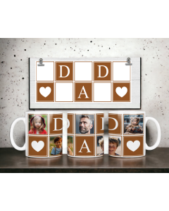 Personalised Dad photo collage mug with brown and white design on white display background
