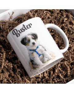 Personalised watercolour dog portrait mug with name Buster