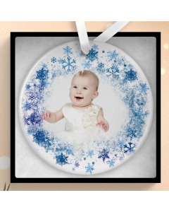 Personalised double-sided ceramic Christmas ornament with baby photo and snowflake design in gift box