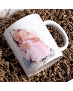 Personalised family photo mug with mother and baby image in gift box filler