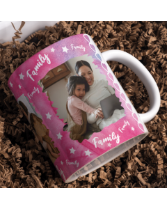 ersonalised family photo mug with pink family design in gift box filler