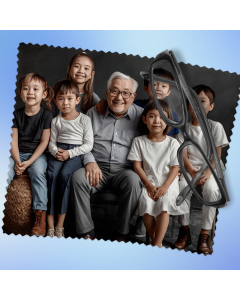 Personalised microfibre lens cloth with family photo and folded glasses