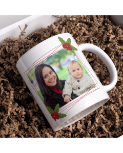 Personalised Merry Christmas photo mug with mother and baby image in gift box filler
