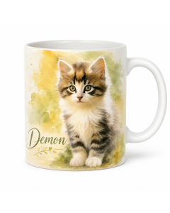 Personalised pet photo mug featuring Demon the kitten with a yellow and green watercolour-style portrait and custom name.