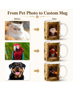 Before and after personalised pet pirate mug examples showing a cat, parrot and dog transformed into custom pirate mug designs.