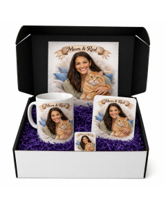 Personalised mum and pet gift box with custom photo mug coaster magnet and lens cloth Australia