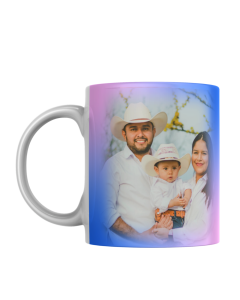 Personalised pink and blue family photo mug with cowboy family image on transparent background