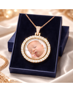 Personalised rose gold double-sided photo pendant necklace in blue gift box