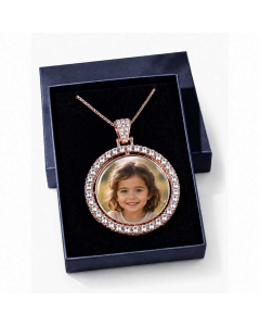 Personalised rose gold photo pendant necklace in black gift box with a child’s photo under the glass