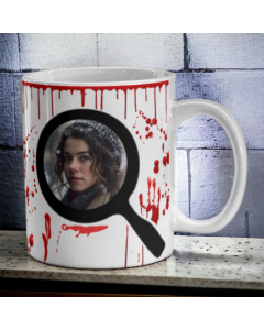 Personalised True Crime Queen photo mug with magnifying glass design on stone background
