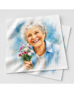 Personalised watercolour lens cloth pair with older woman holding flowers