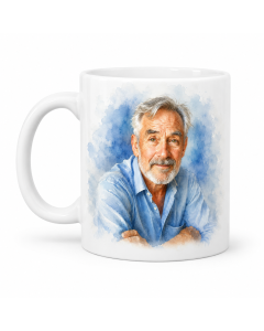 White personalised photo mug featuring older man in blue watercolour portrait artwork.