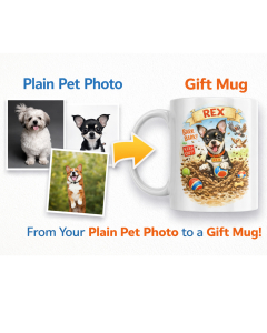 Personalised pet mug showing plain dog photo to gift mug transformation