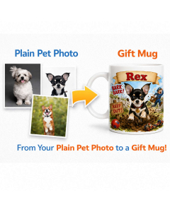 Before and after example showing a plain pet photo turned into a personalised dog gift mug