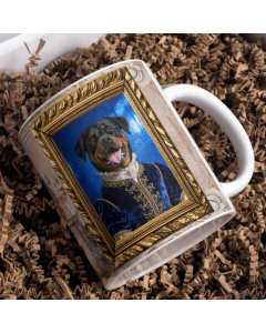 Royal king pet portrait mug featuring Rottweiler dressed as royal king printed on ceramic mug
