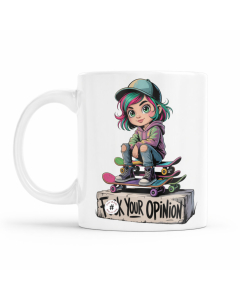 Rude Fuck Your Opinion skater girl mug shown on a clean white background.