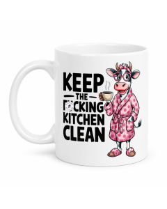 Rude Keep the Fucking Kitchen Clean cow mug shown on a clean white background