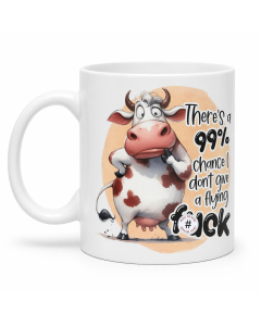Sarcastic funny cow mug with rude quote on white ceramic mug against a plain light background
