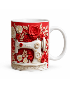 Sewing lover mug with red floral vintage sewing machine design on a clean white background.