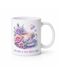 Tea-riffic Mum funny ceramic mug white background